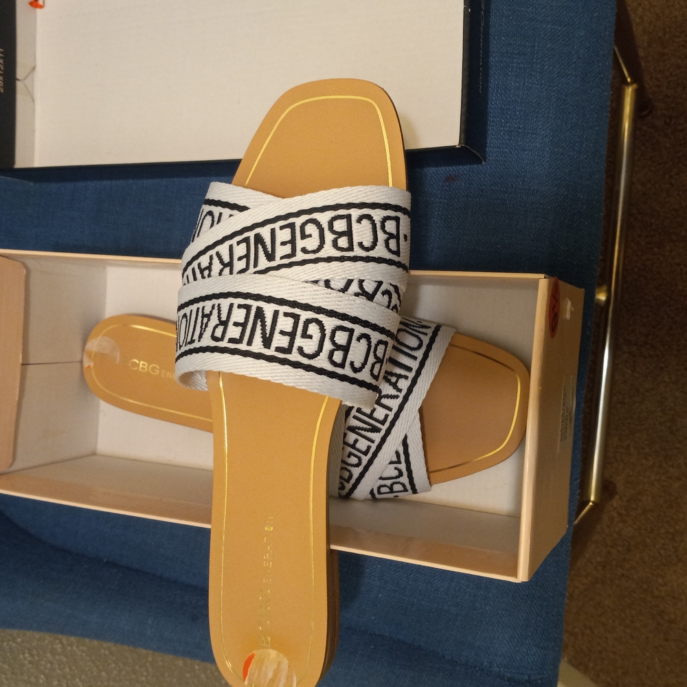 BCBGeneration Tan and White Sandals with Greek-Style Pattern